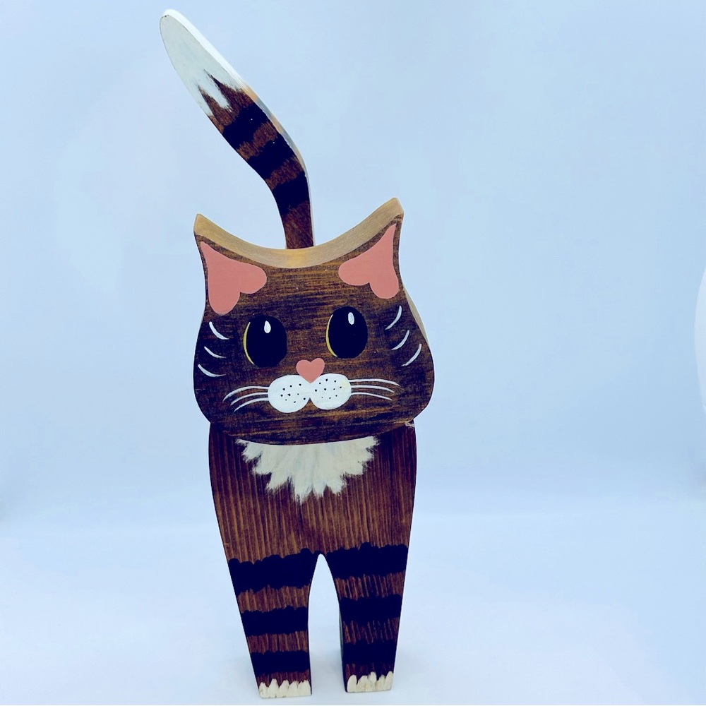 Vintage Hand Painted Wooden Folk Art Cat Kitten Shelf Sitter 1980-90’s 11” Tall